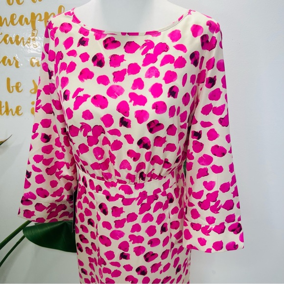 THE LIMITED Pink Off White Leopard Satin Sheath Dress 3/4 Sleeve Size 4 - Picture 4 of 14